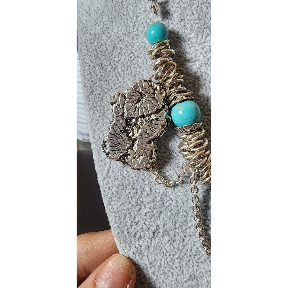Boho Silver Tone Turquoise Bead Statement Necklace Organic Textured‎ Pendant